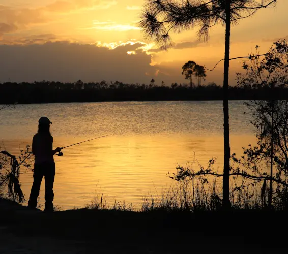 woman fishing at sunset